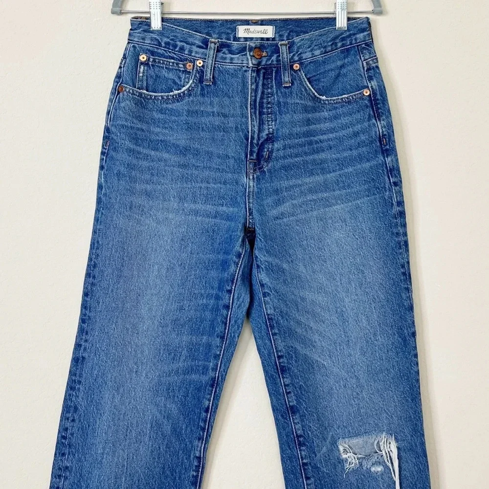 Madewell Classic Straight Jeans in Jade Wash: Knee-Rip Edition J7951 Size 27 - Picture 5 of 15